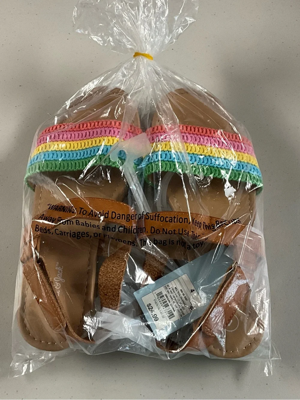 Cat & Jack Tan Sandals with Multicolor Rainbow Straps